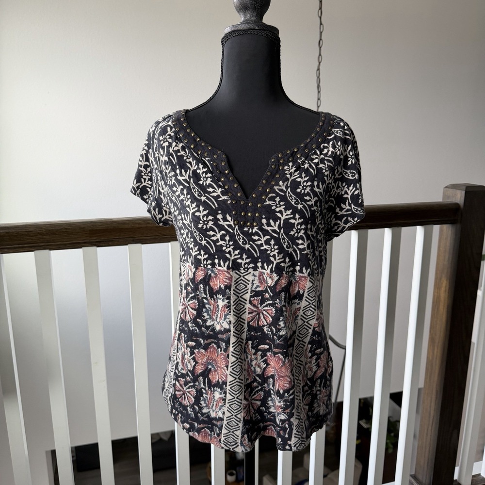 Lucky Brand Floral Studded Tee Shirt Small Whimsigoth‎ Patchwork Look Boho Edgy